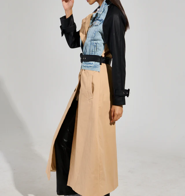Denim Leather Mixed Media Trench