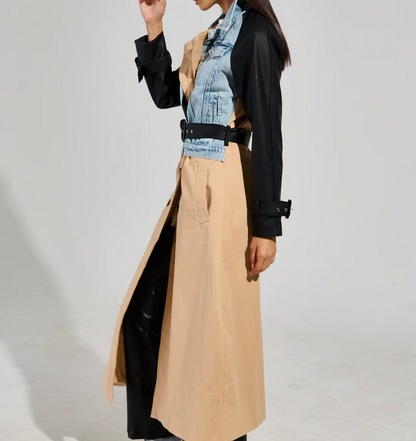 Denim Leather Mixed Media Trench