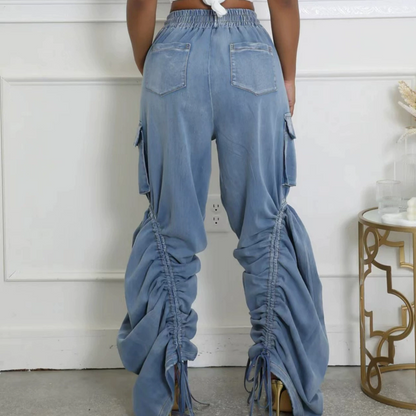 Elastic Waist Drawstring Jeans With Pleats