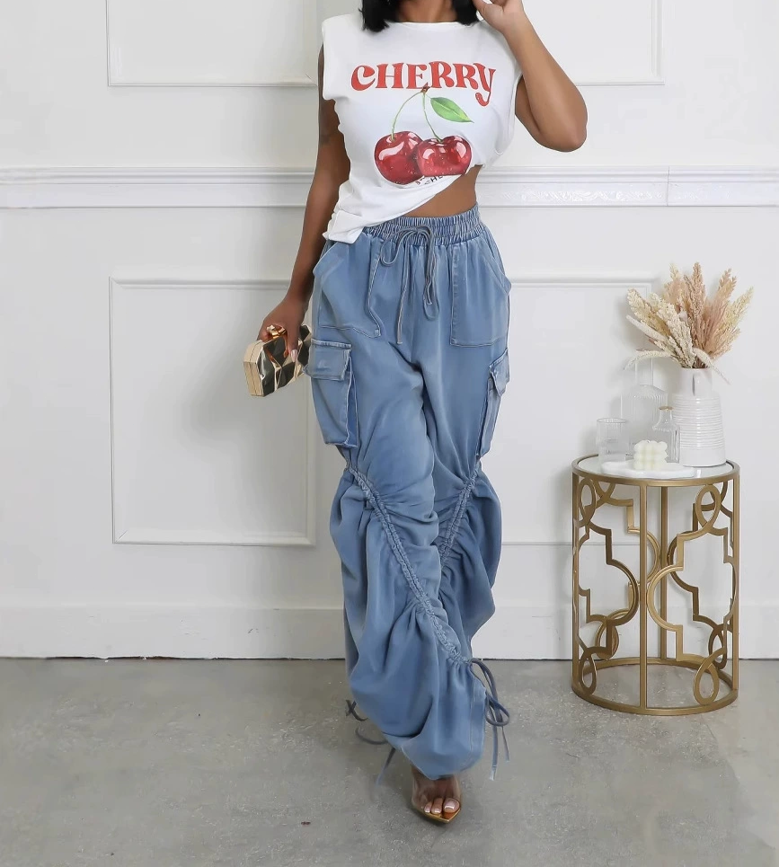 Elastic Waist Drawstring Jeans With Pleats