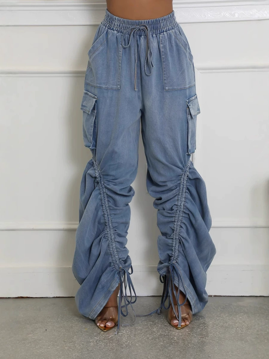 Elastic Waist Drawstring Jeans With Pleats