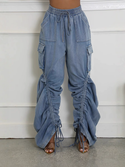 Elastic Waist Drawstring Jeans With Pleats