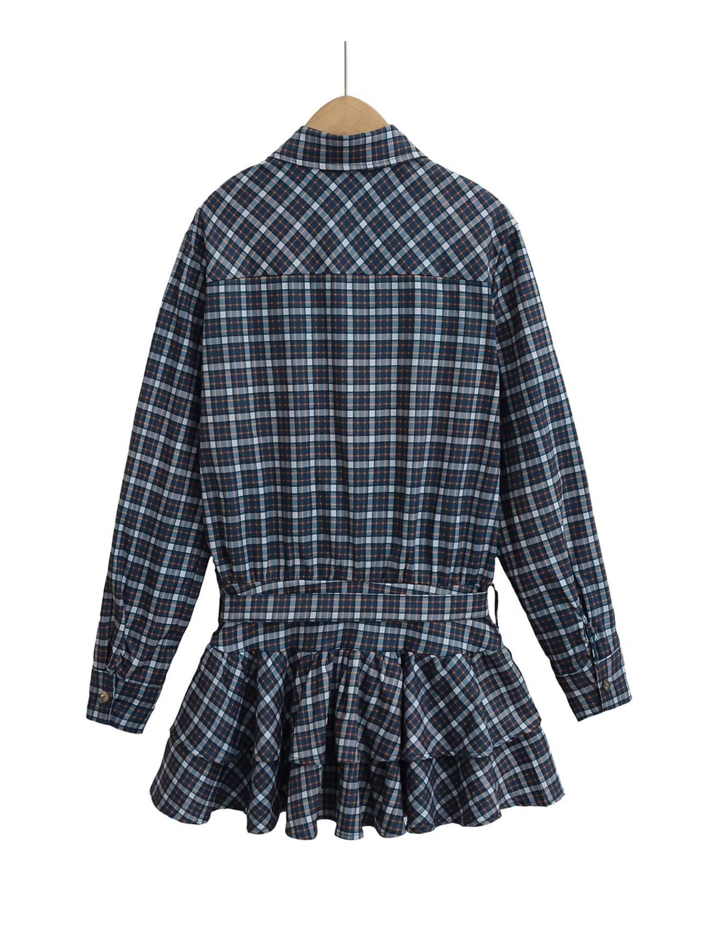 Plaid Layered Ruffle Long Sleeve Short Dress