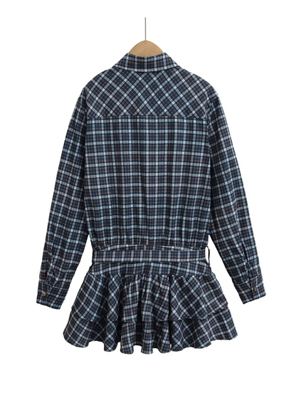 Plaid Layered Ruffle Long Sleeve Short Dress