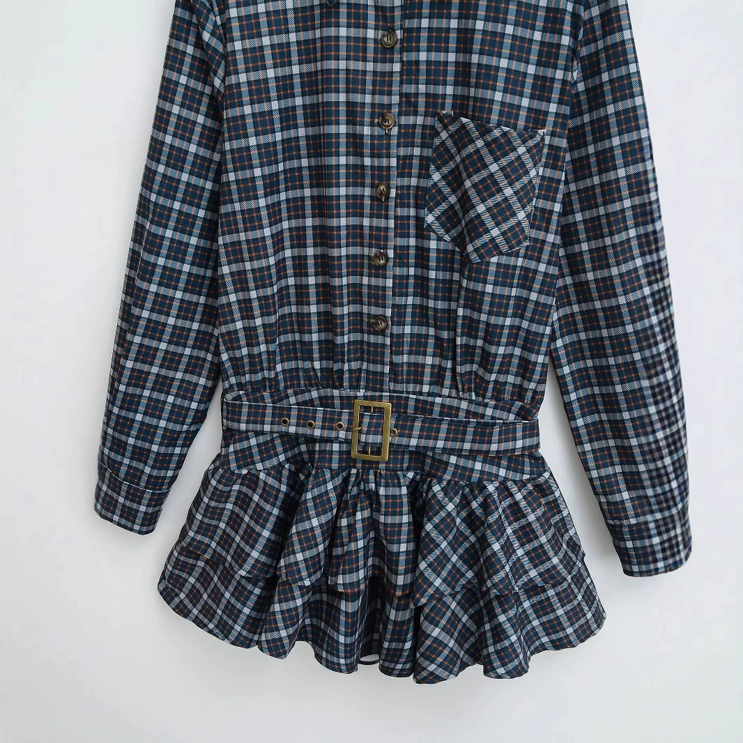 Plaid Layered Ruffle Long Sleeve Short Dress