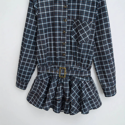 Plaid Layered Ruffle Long Sleeve Short Dress