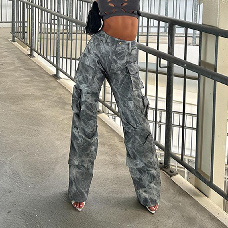 Cargo Pocket Loose Wide-Leg Camouflage Pants