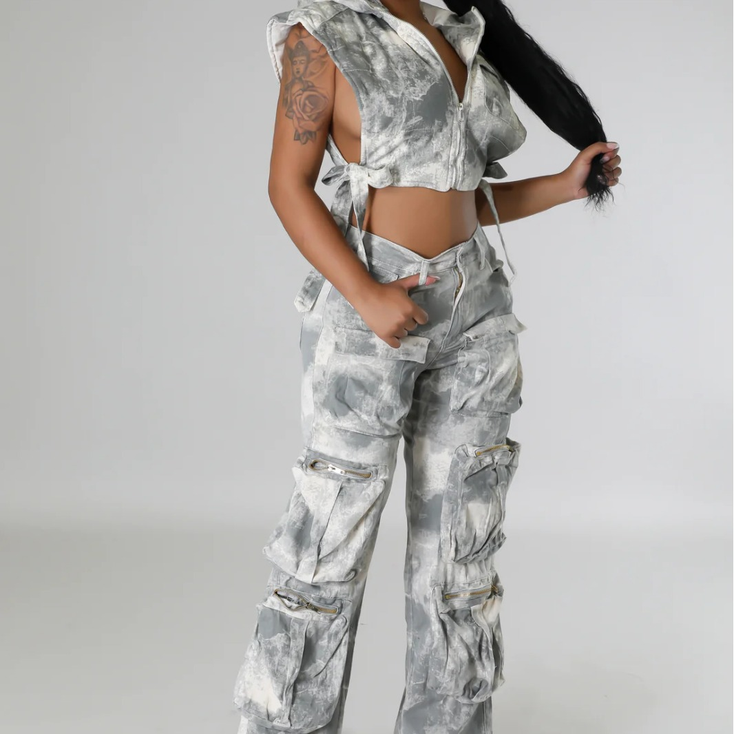 Sleeveless Hooded Top High Waist Pocket Pants Set