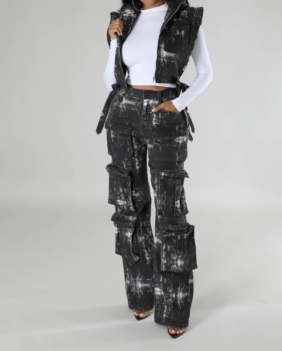 Sleeveless Hooded Top High Waist Pocket Pants Set