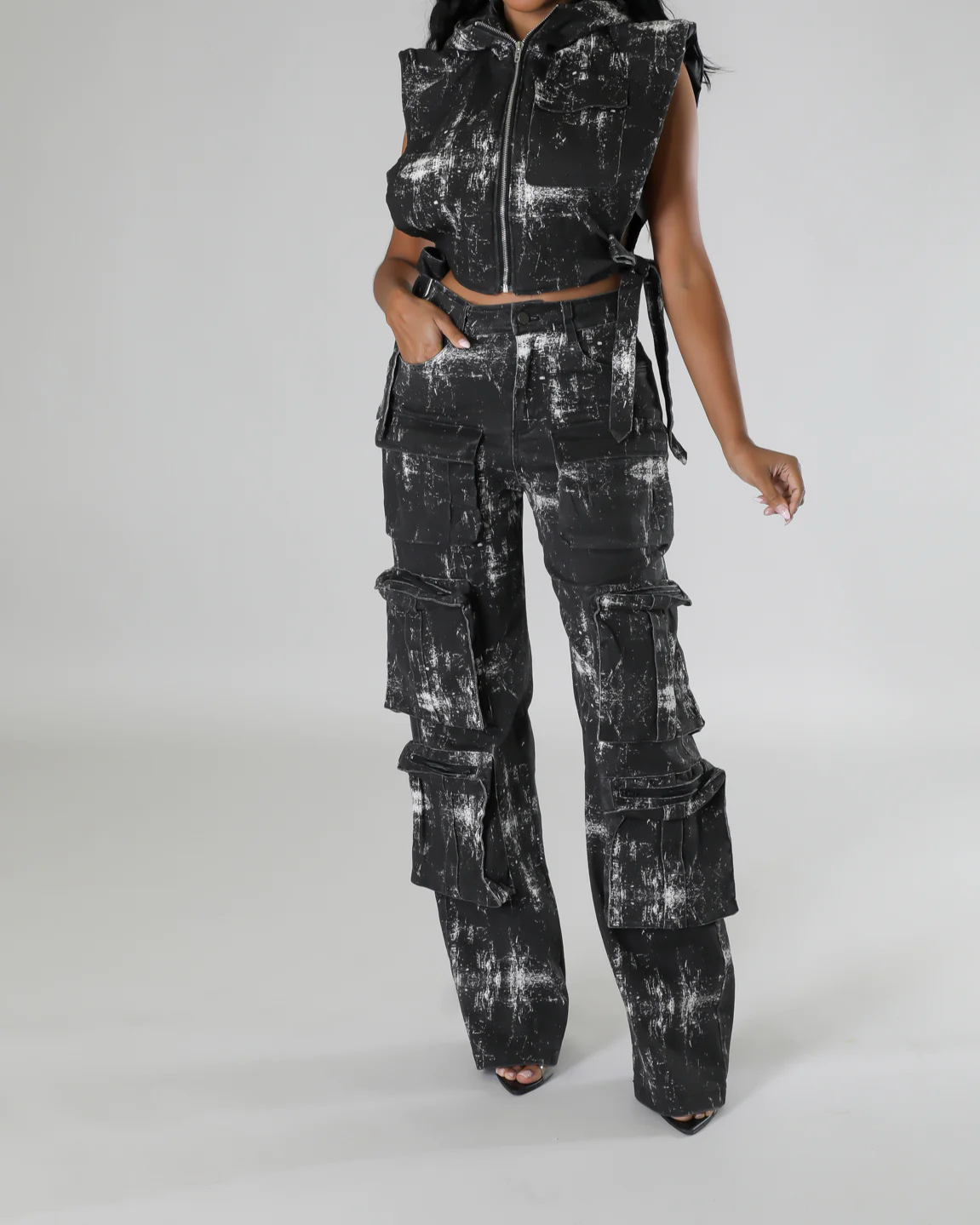 Sleeveless Hooded Top High Waist Pocket Pants Set