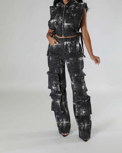 Sleeveless Hooded Top High Waist Pocket Pants Set