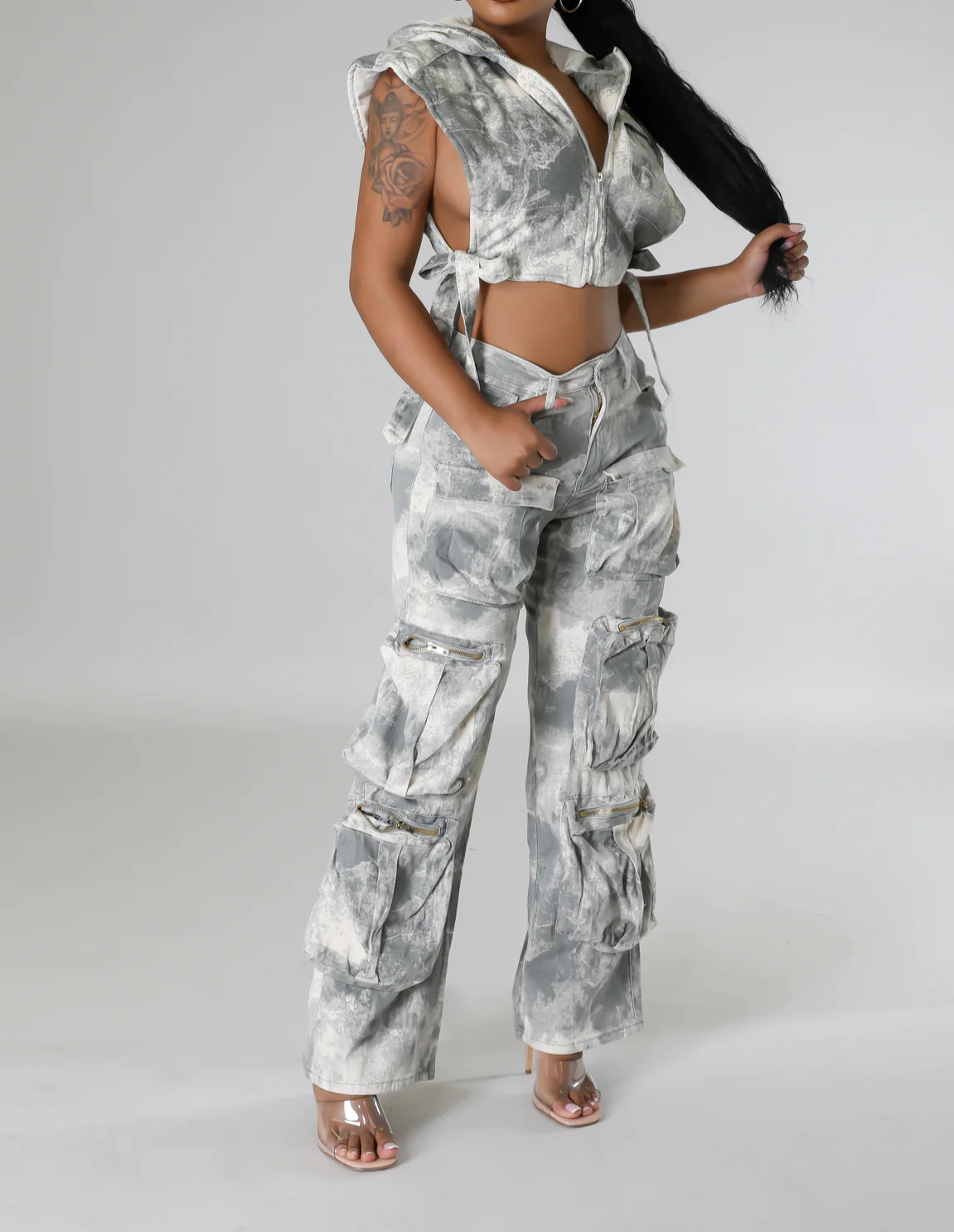 Sleeveless Hooded Top High Waist Pocket Pants Set