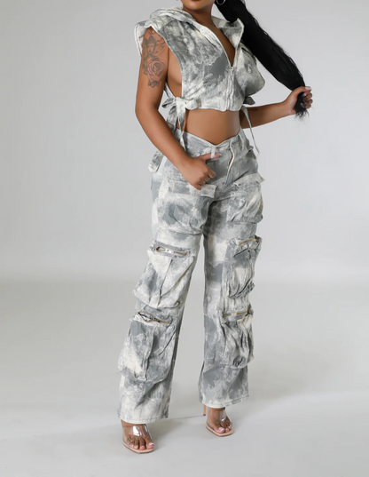 Sleeveless Hooded Top High Waist Pocket Pants Set