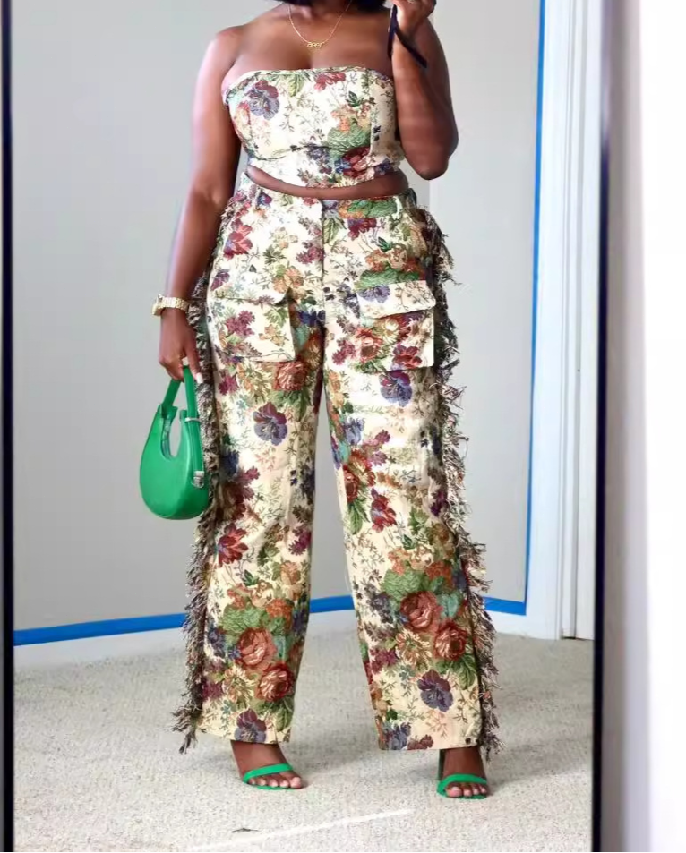Tassel Fringe Denim Jacquard Set
