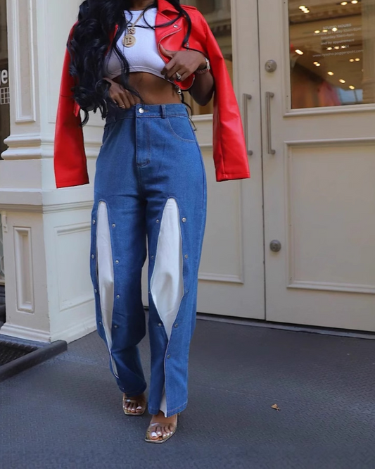 Concealed Button Patchwork Jeans