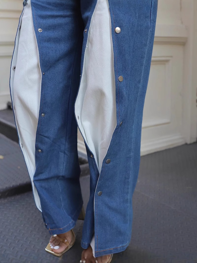 Concealed Button Patchwork Jeans