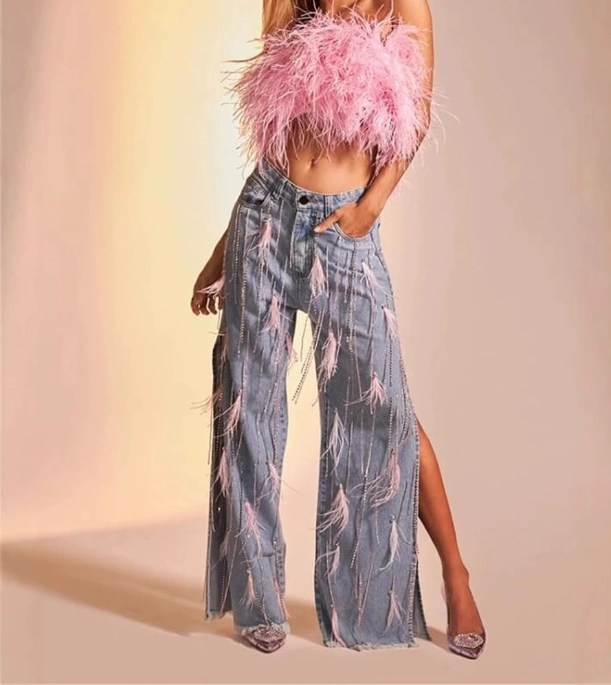 Feather Diamond Slit Straight Jeans