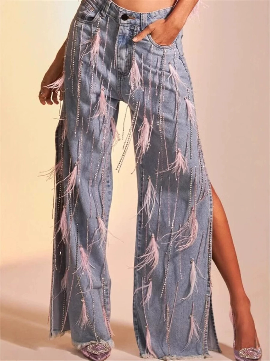Feather Diamond Slit Straight Jeans