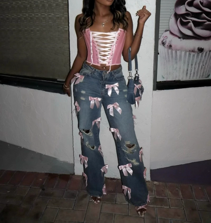 Y2K Street Hottie Bow Washed Ripped Jeans