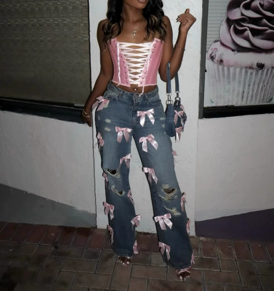 Y2K Street Hottie Bow Washed Ripped Jeans