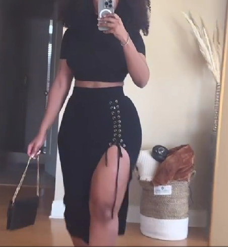 Basic Short Crew Neck Top & Slit Knit Skirt Set