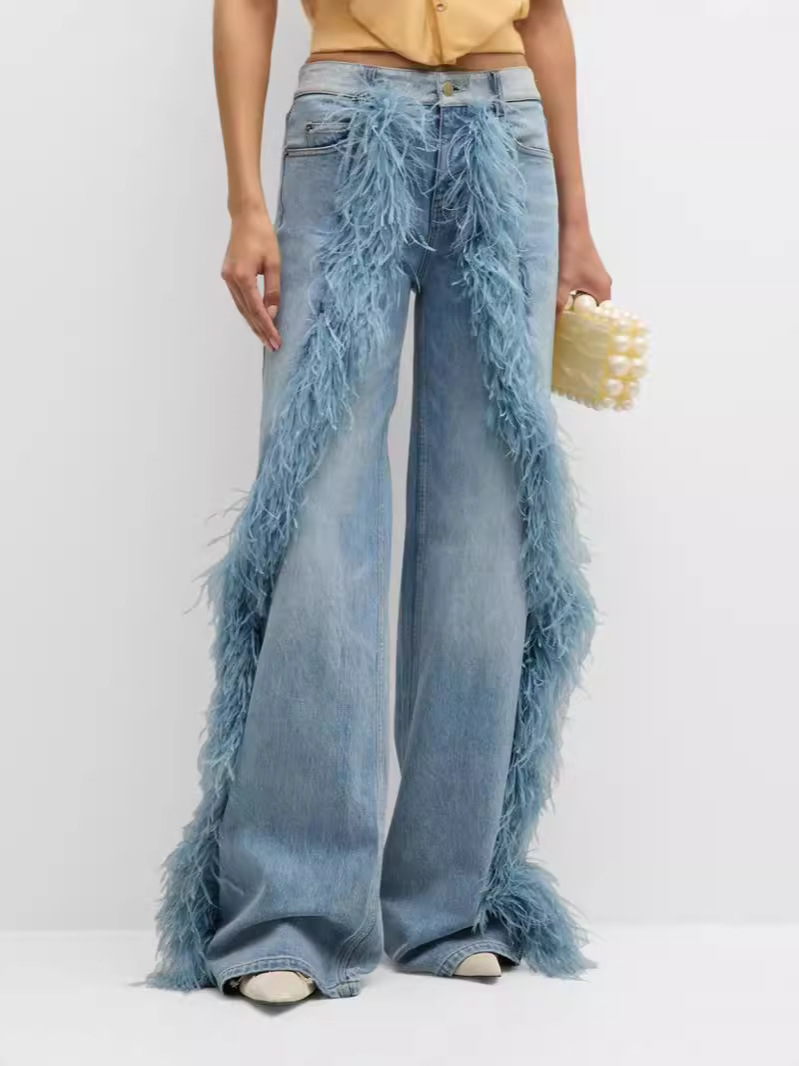 Designer Plush Detail Straight Jeans