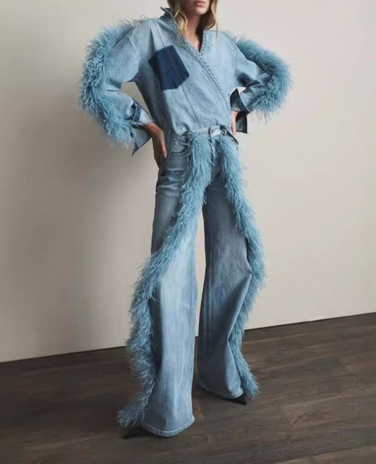 Designer Plush Detail Straight Jeans