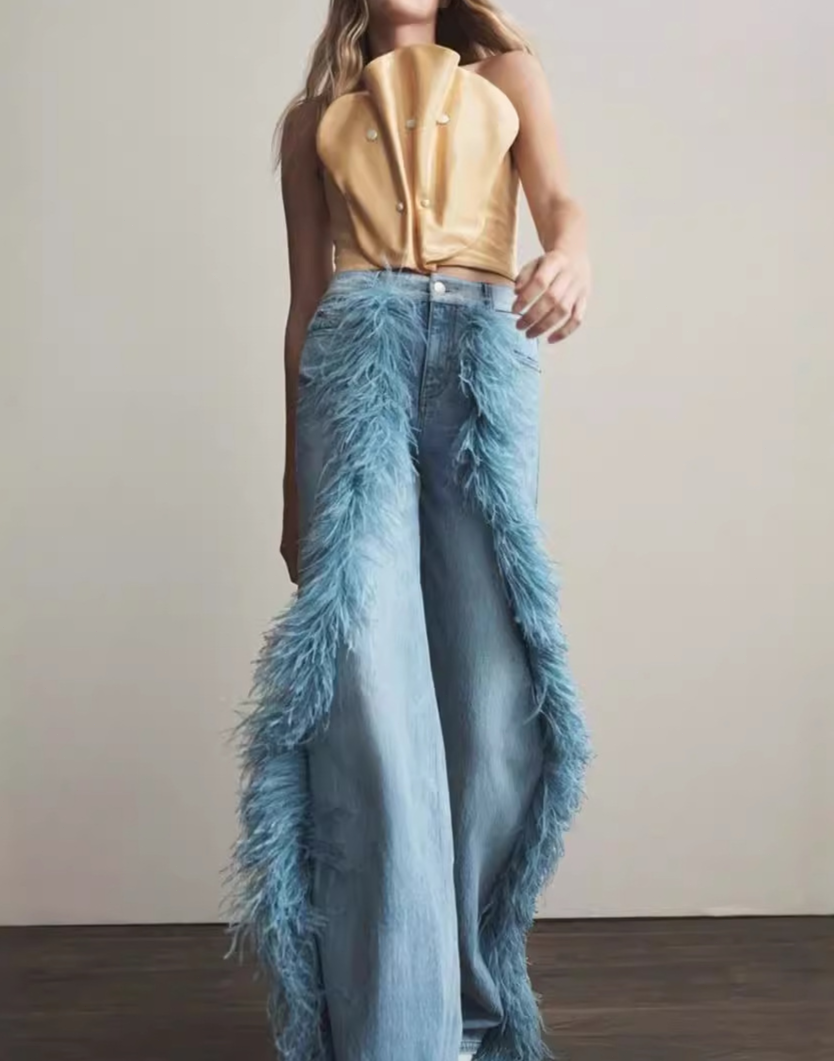 Designer Plush Detail Straight Jeans
