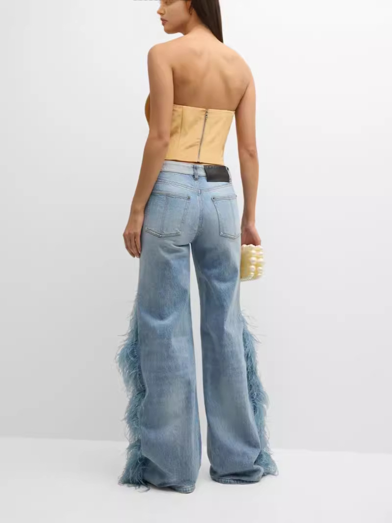 Designer Plush Detail Straight Jeans