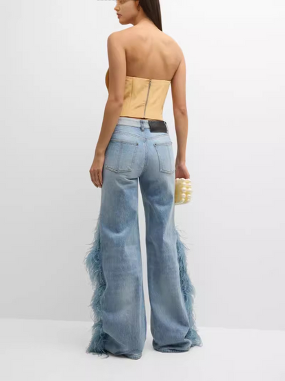Designer Plush Detail Straight Jeans