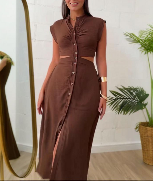 Button Slit Slim Commuter Dress