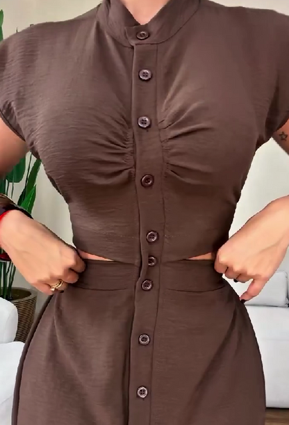 Button Slit Slim Commuter Dress