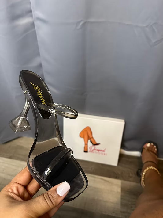 Black Jelly Strapped Bell Bottom Heeled Sandal