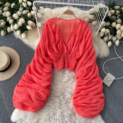 Pleated Trumpet Sleeve Top Versatile Chiffon Shirt