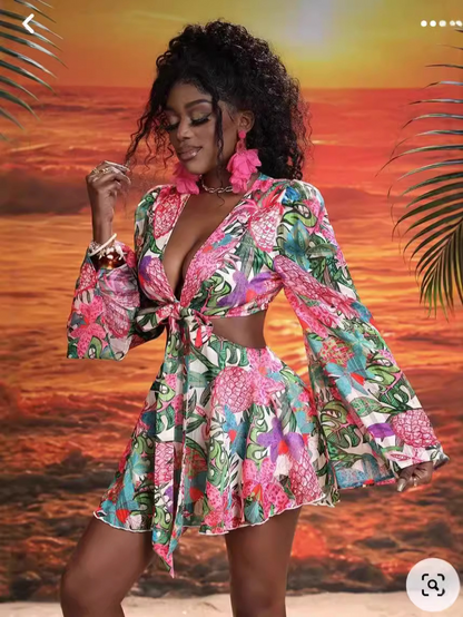 Floral Deep V Trumpet Sleeve Belt Dress