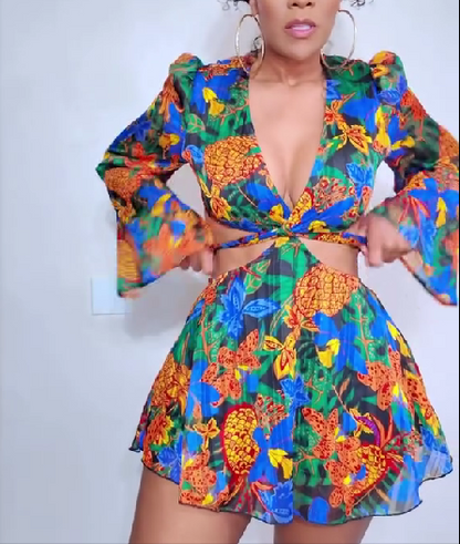 Floral Deep V Trumpet Sleeve Belt Dress