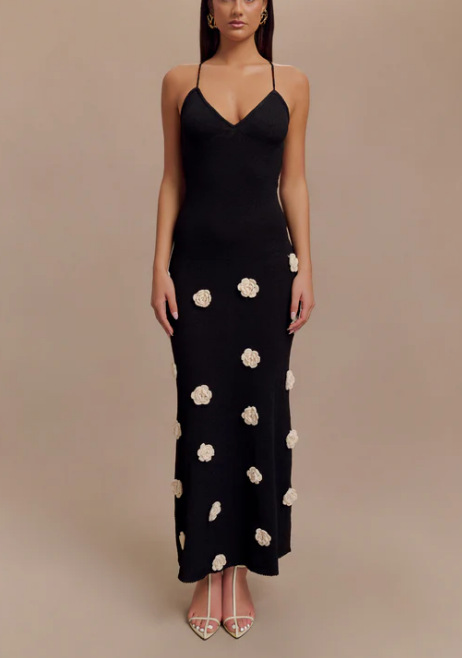 3D Flower Knitted Backless Lace-Up Hip-Pack Long Dress