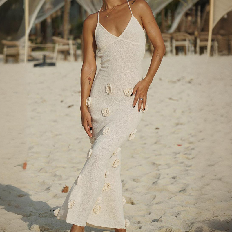 3D Flower Knitted Backless Lace-Up Hip-Pack Long Dress