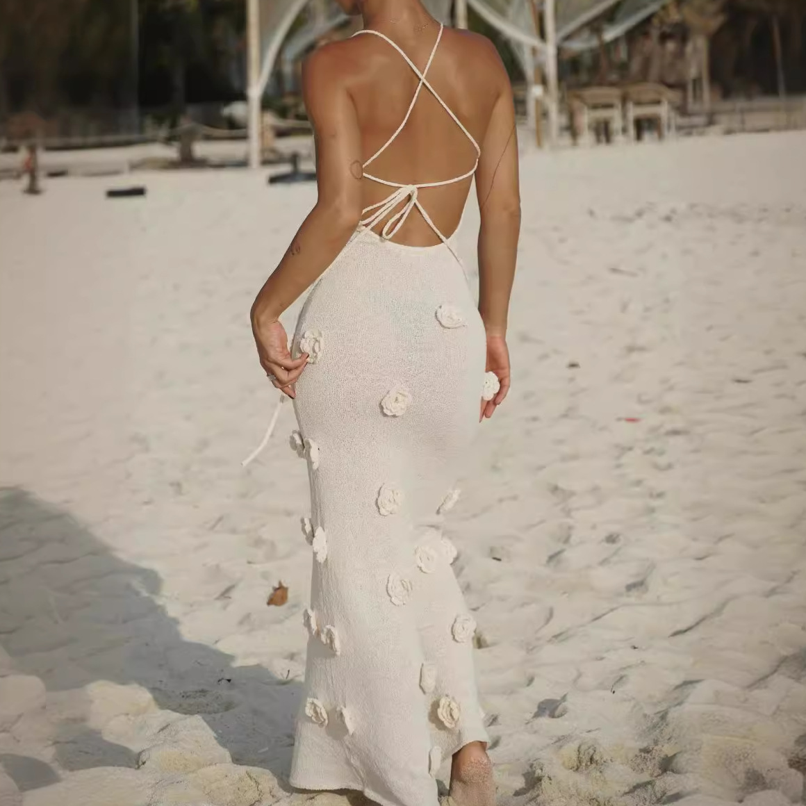 3D Flower Knitted Backless Lace-Up Hip-Pack Long Dress