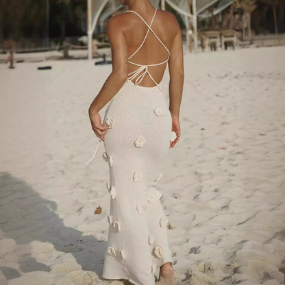 3D Flower Knitted Backless Lace-Up Hip-Pack Long Dress