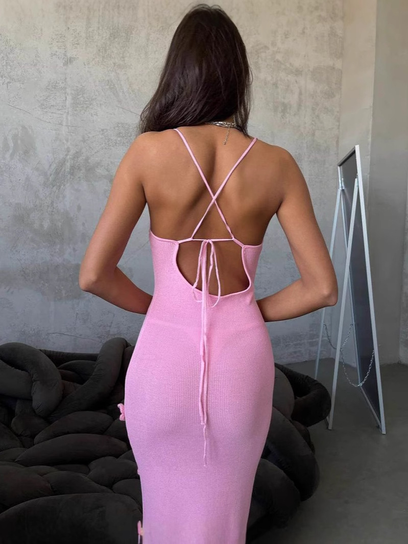 3D Flower Knitted Backless Lace-Up Hip-Pack Long Dress