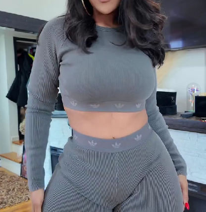 Knitted Ribbed High Elastic Sports Two-Piece Suit