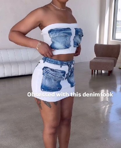 Spliced Denim Tube Top & Skirt Set