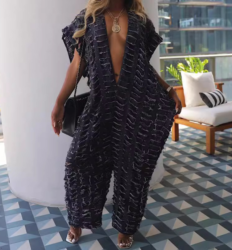 Deep V Ripped Wide-Leg Jumpsuit