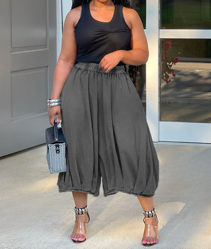 Elastic Waist Wide Leg Cropped Trousers