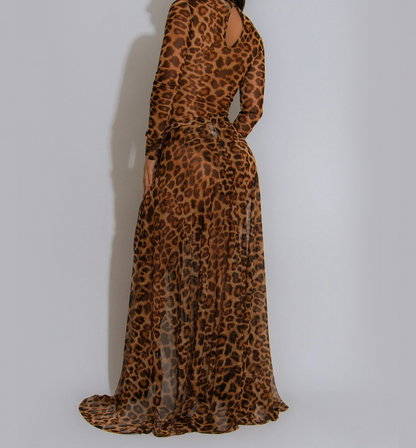 Sexy Leopard Print Long Sleeve Slit Dress