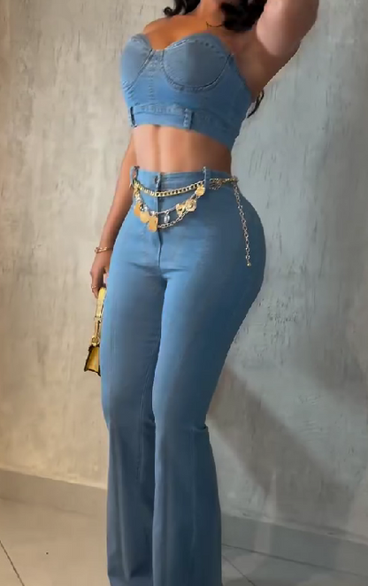 Bandeau Denim Top & Flared Pants Set