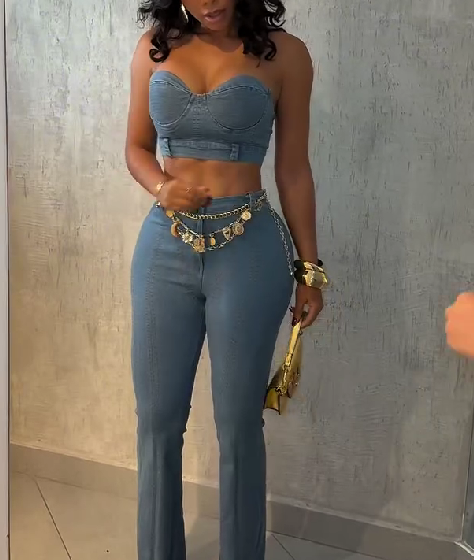 Bandeau Denim Top & Flared Pants Set