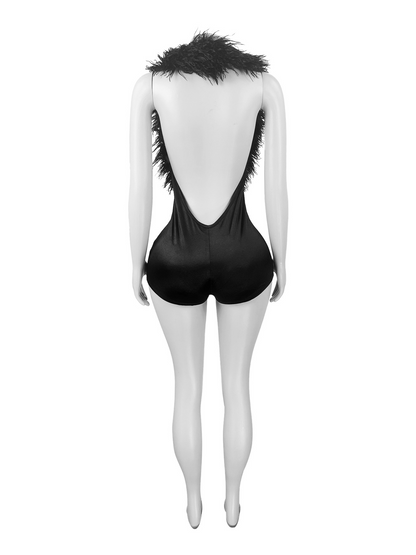 Feather Deep V Halter Sexy Romper