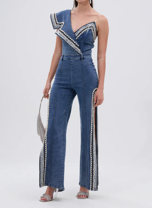 Denim Asymmetrical Pearl Luxurious Bodysuit & Pants With Side Slits Set